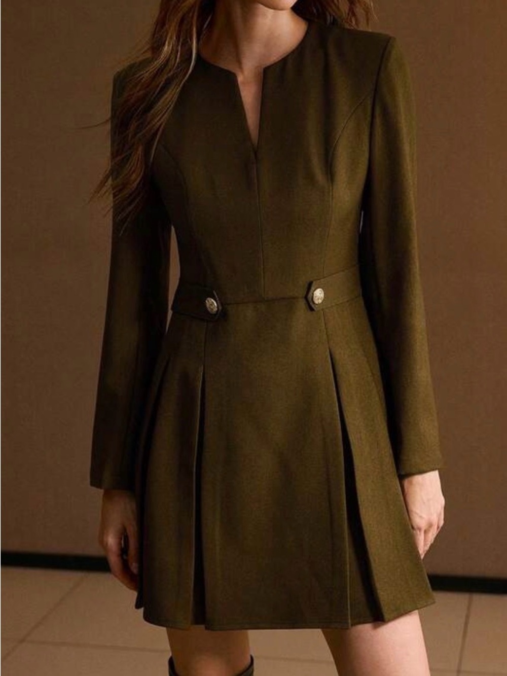 MOTF Brown Long Sleeve A-Line Dress with Decorative Buttons